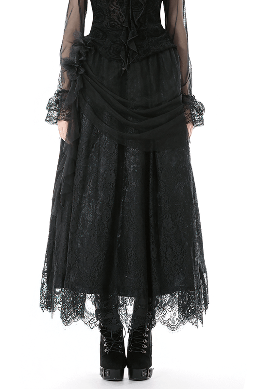Lace Maxi Skirt with Sheer Mesh Layers and Floral Trim