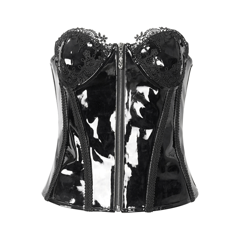 Lace Patent Leather Corset with Zipper Front and Lace-up Back