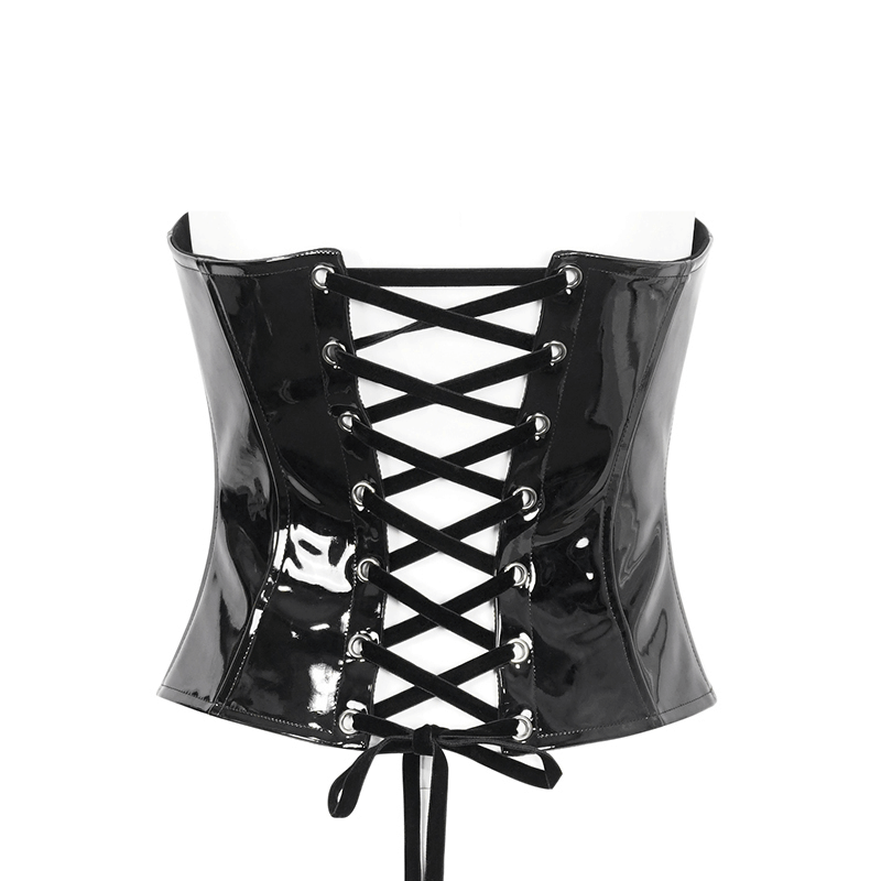 Lace Patent Leather Corset with Zipper Front and Lace-up Back