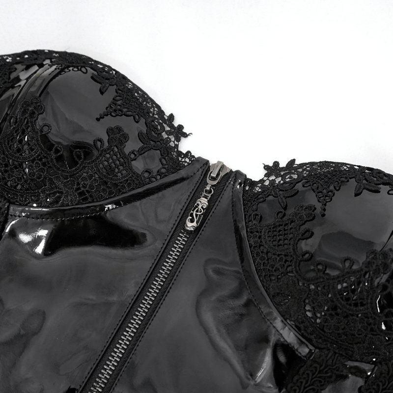 Lace Patent Leather Corset with Zipper Front and Lace-up Back