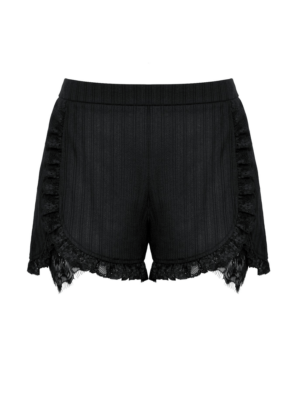 Lace Trim Black Ruffle Detail High-Waist Shorts