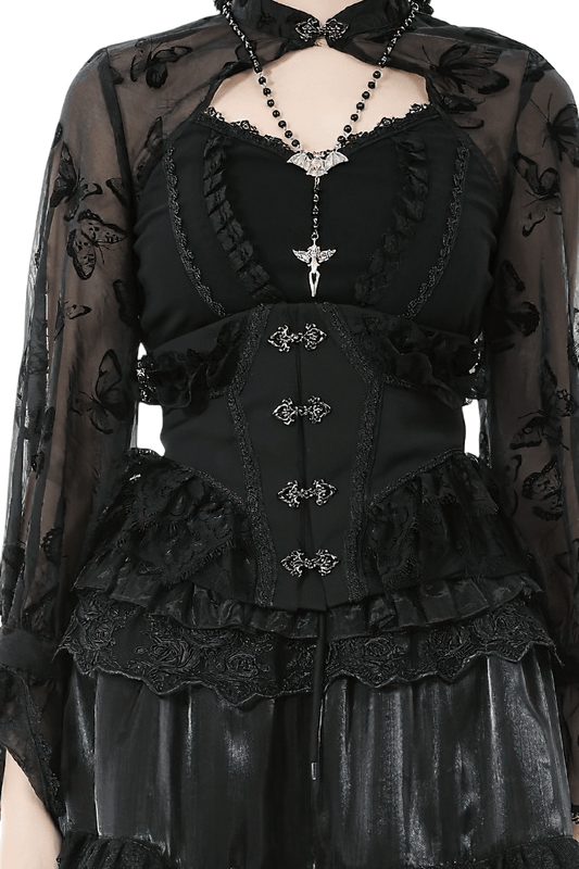 Lace-Trimmed Black Gothic Corset with Front Clasp Closure