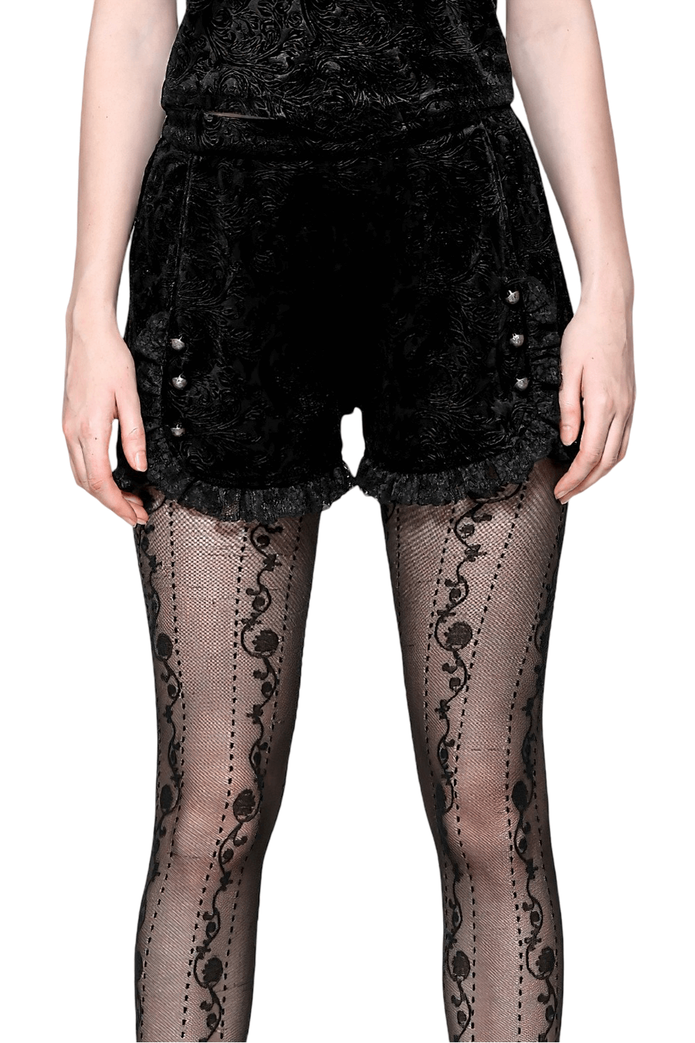 Lace-Trimmed Velvet High-Waisted Shorts with Buttons