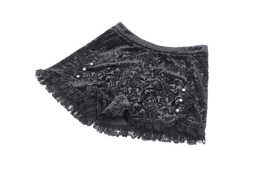 Lace-Trimmed Velvet High-Waisted Shorts with Buttons