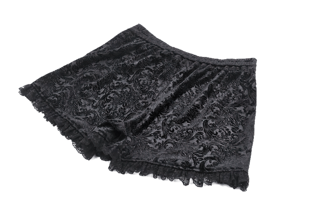 Lace-Trimmed Velvet High-Waisted Shorts with Buttons