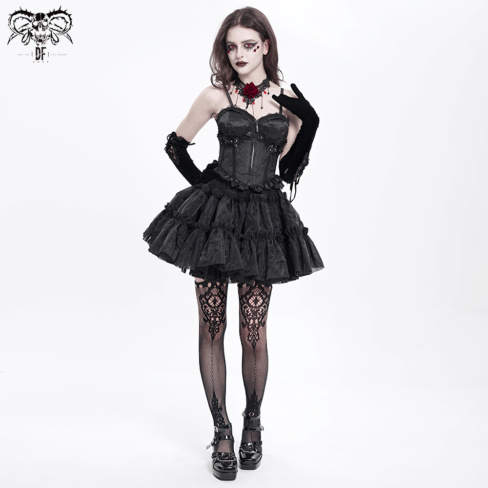 Lace-Up Black Floral Embellished Corset with Ruffle Detail