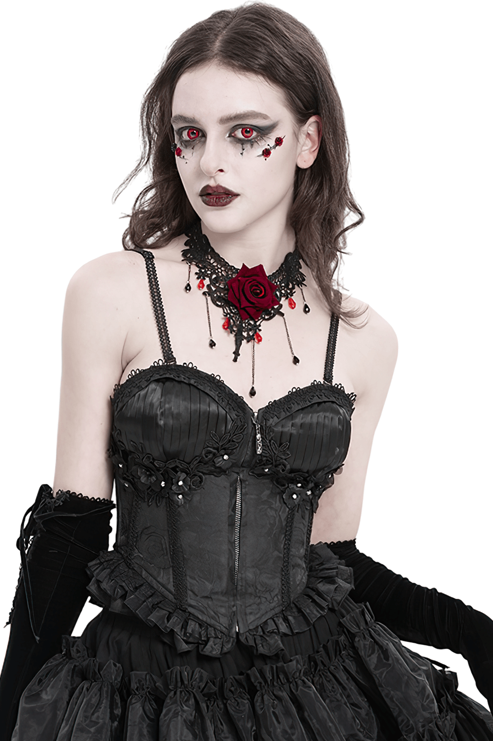 Lace-Up Black Floral Embellished Corset with Ruffle Detail