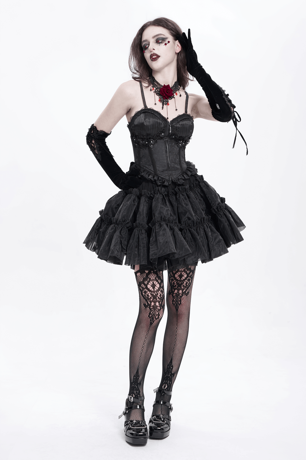Lace-Up Black Floral Embellished Corset with Ruffle Detail
