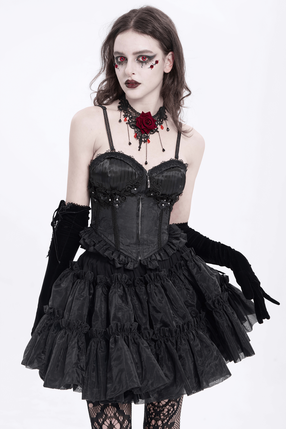 Lace-Up Black Floral Embellished Corset with Ruffle Detail