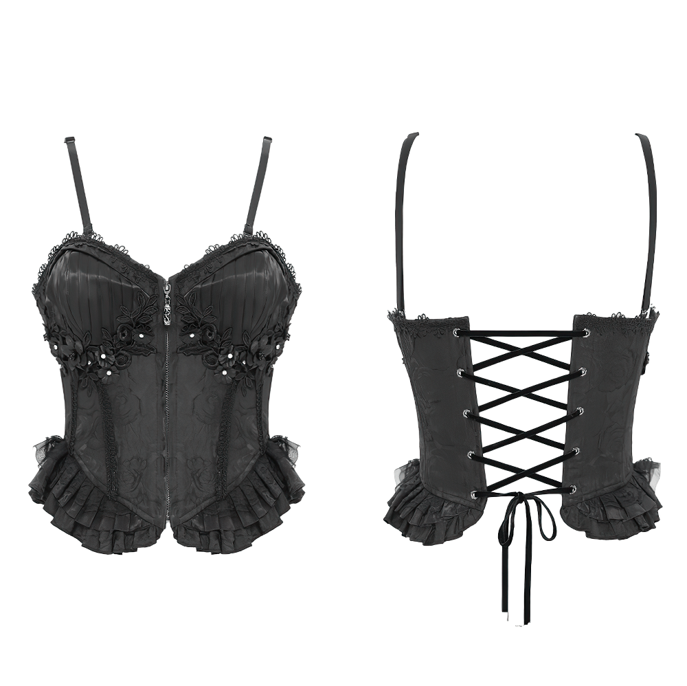 Lace-Up Black Floral Embellished Corset with Ruffle Detail