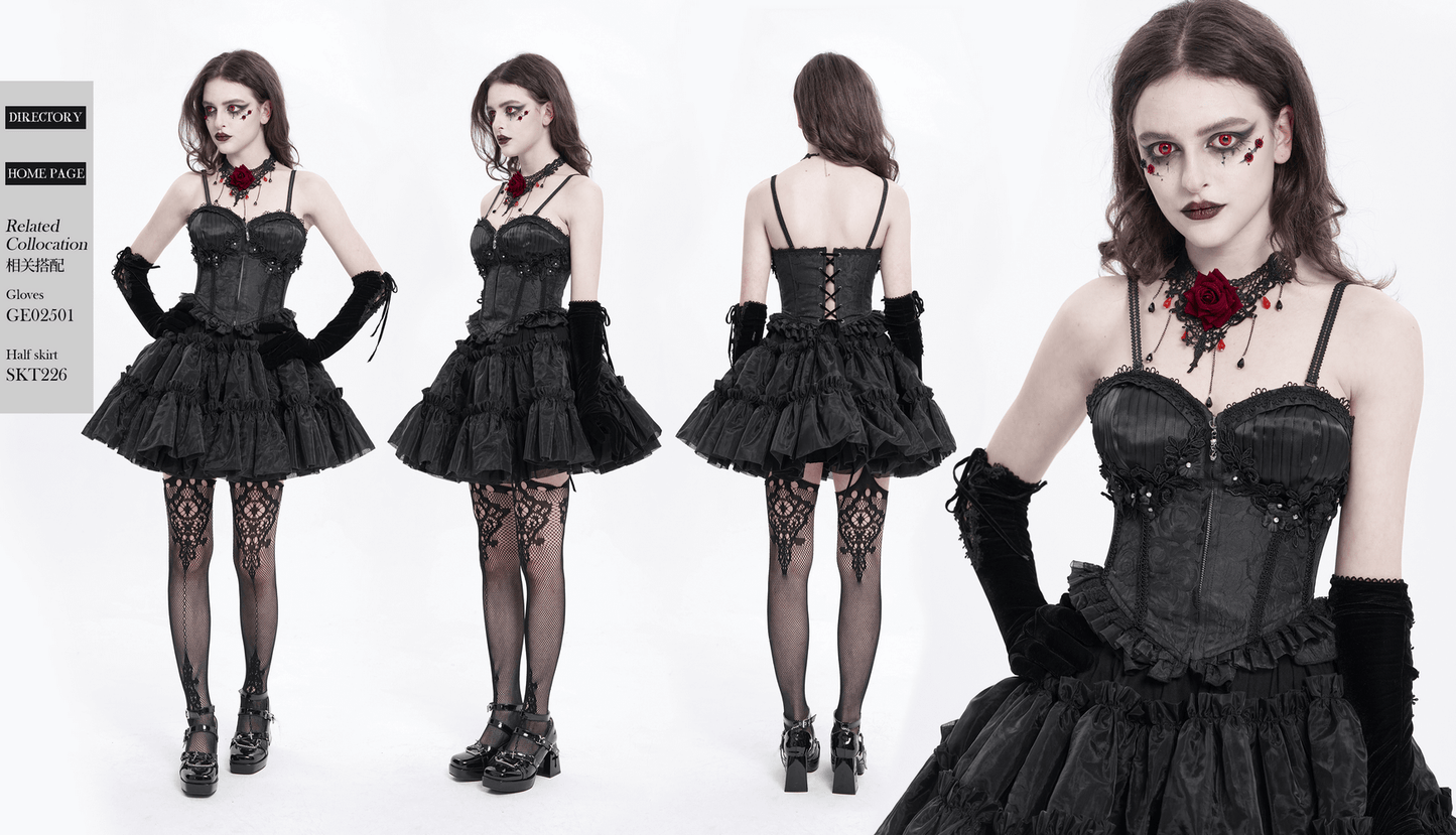 Lace-Up Black Floral Embellished Corset with Ruffle Detail