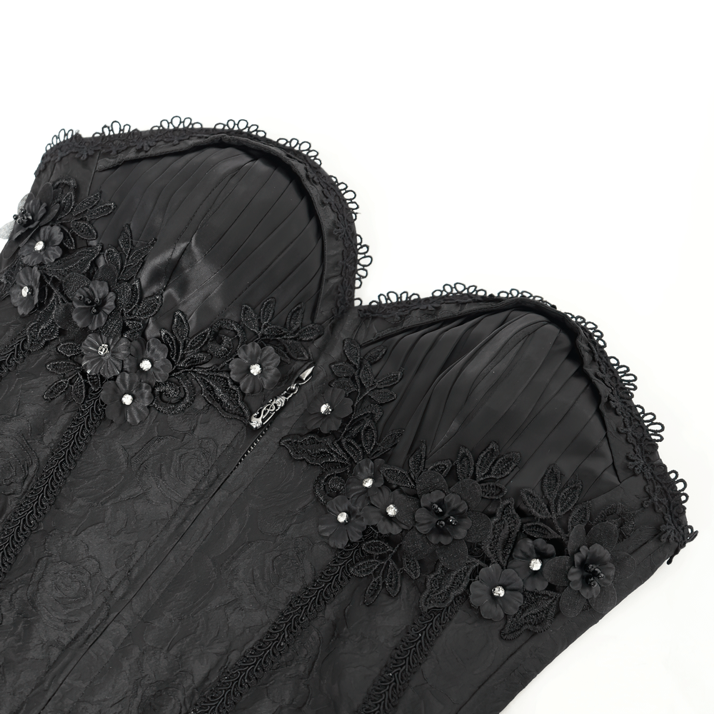 Lace-Up Black Floral Embellished Corset with Ruffle Detail
