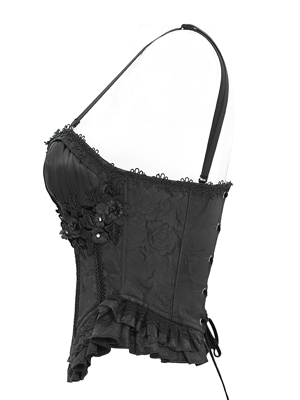 Lace-Up Black Floral Embellished Corset with Ruffle Detail
