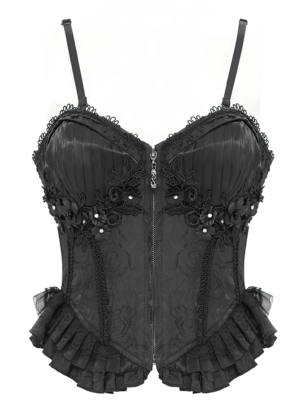 Lace-Up Black Floral Embellished Corset with Ruffle Detail