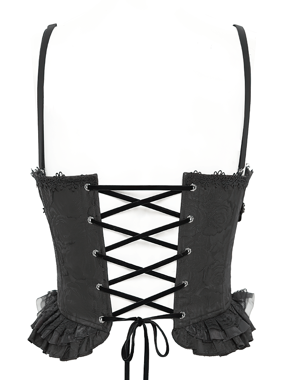 Lace-Up Black Floral Embellished Corset with Ruffle Detail