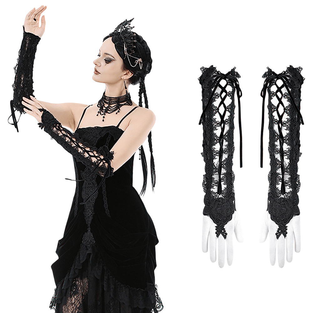 Lace-Up Long Gloves with Floral Lace and Ribbon Details