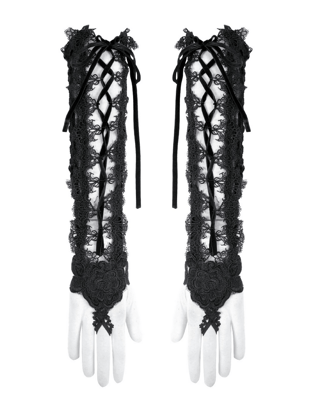 Lace-Up Long Gloves with Floral Lace and Ribbon Details