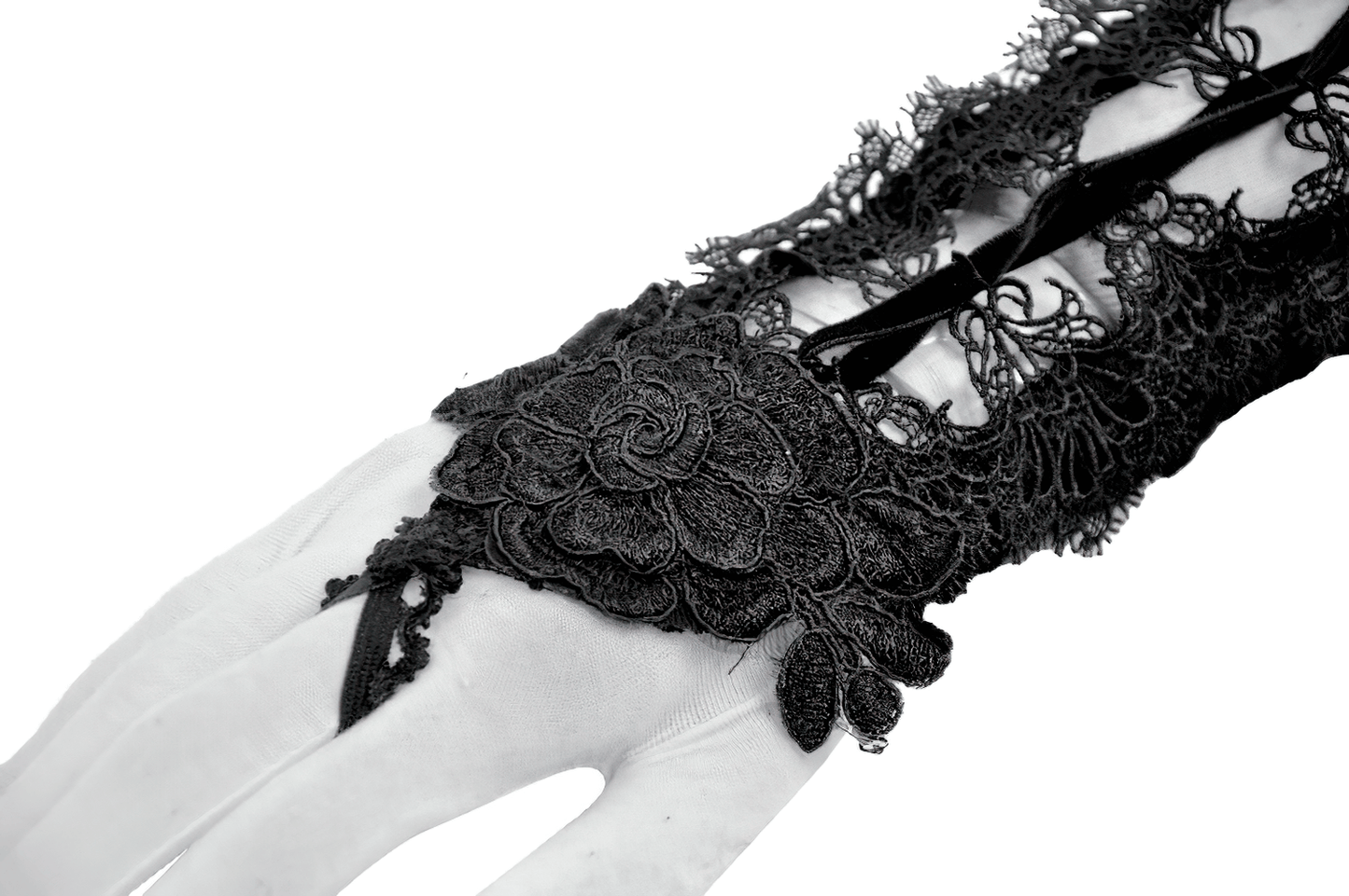 Lace-Up Long Gloves with Floral Lace and Ribbon Details