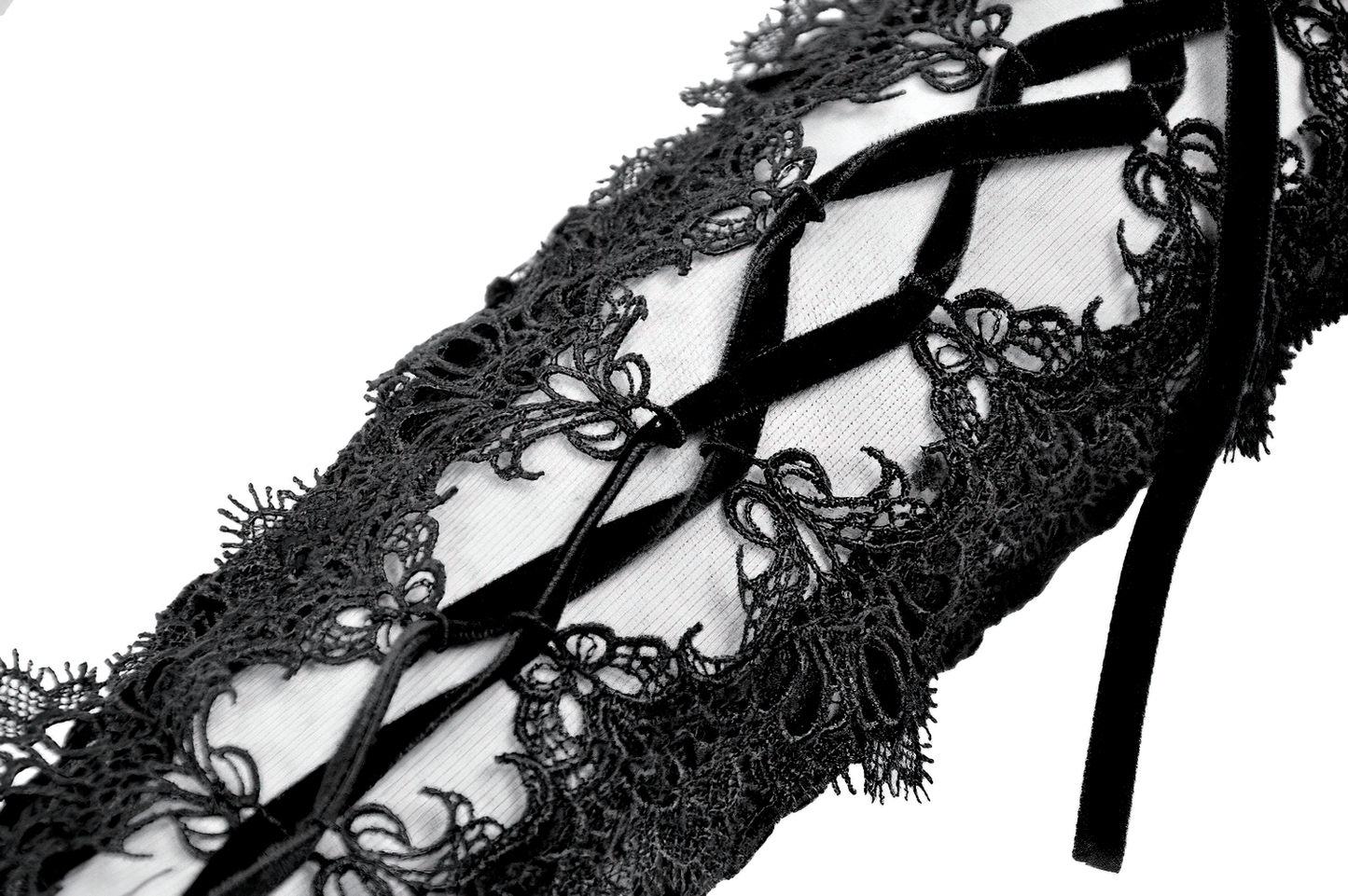 Lace-Up Long Gloves with Floral Lace and Ribbon Details