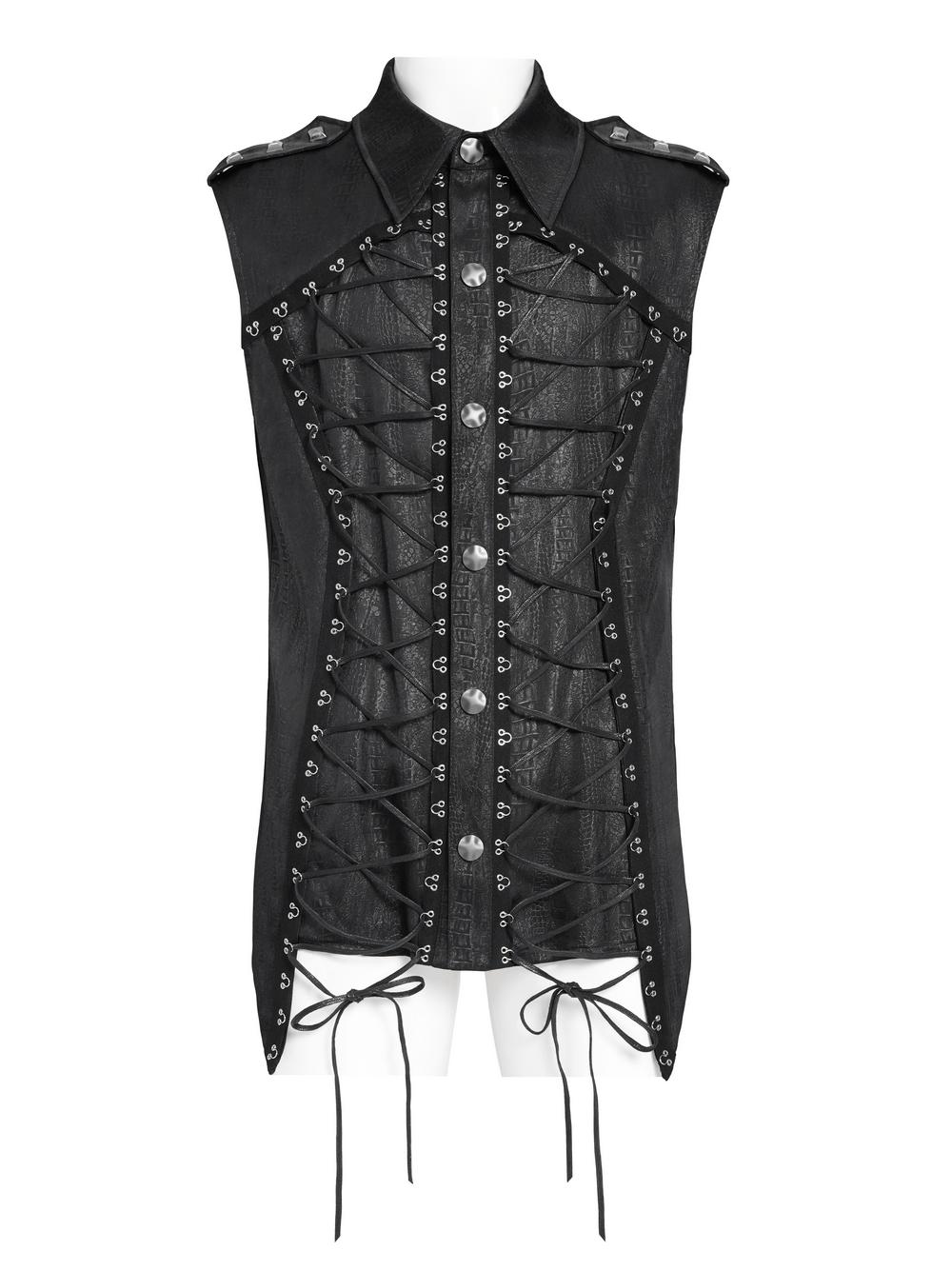 Lace-Up Sleeveless Shirt with Epaulets and Metal Buttons