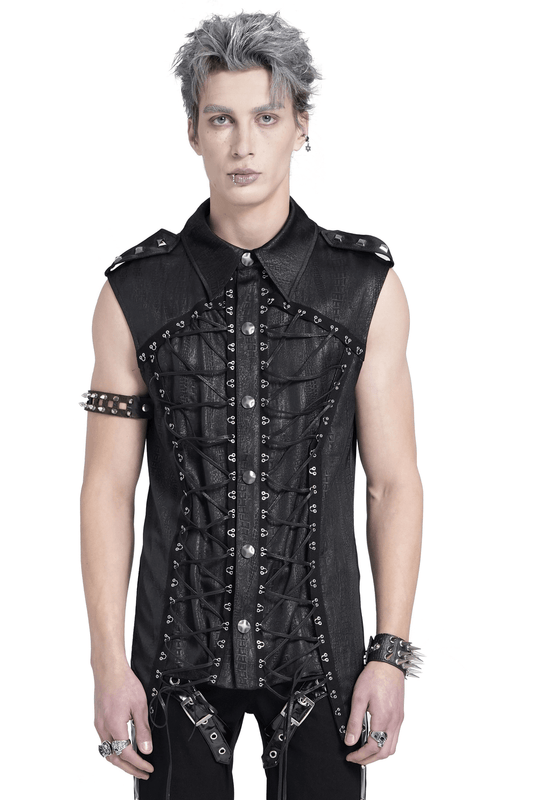Lace-Up Sleeveless Shirt with Epaulets and Metal Buttons
