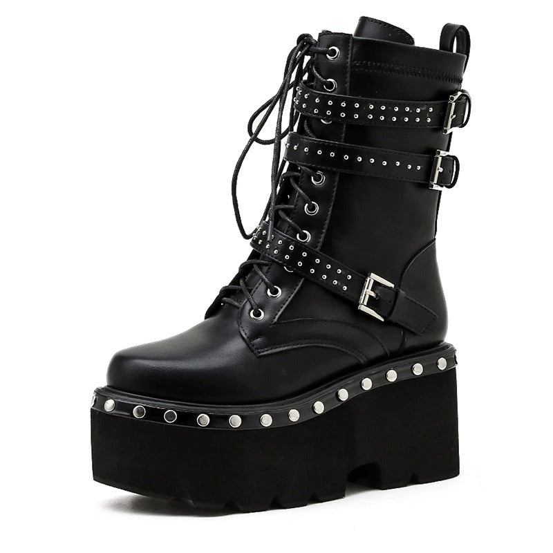 Ladies Ankle Boots In Gothic Style / High Heels Shoes With Platform And Round Toe