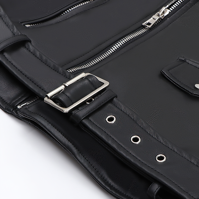 Ladies Biker Short PU Leather Thin Jacket / Rock Style Cropped Black Jacket with Belt