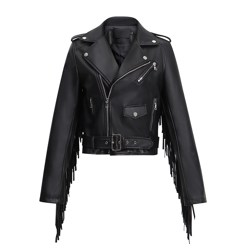 Ladies Biker Short PU Leather Thin Jacket / Rock Style Cropped Black Jacket with Belt