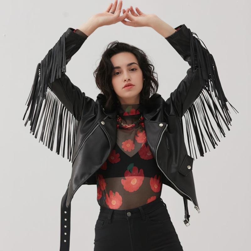 Ladies Biker Short PU Leather Thin Jacket / Rock Style Cropped Black Jacket with Belt