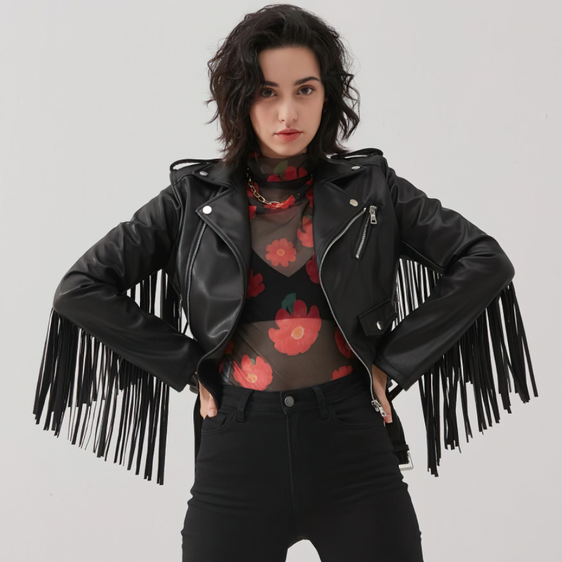 Ladies Biker Short PU Leather Thin Jacket / Rock Style Cropped Black Jacket with Belt