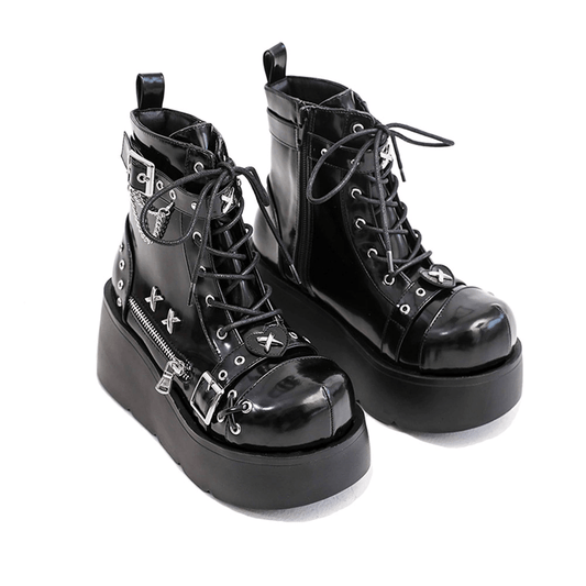 Ladies Goth Buckle Platform Ankle Boots / Fashion Zip Rivet Punk Wedges Boots