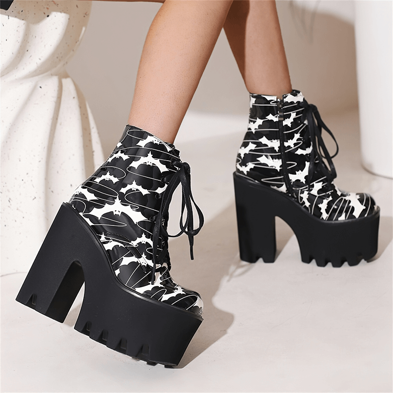 Ladies Goth Platform Ankle Boots with Bats Print / Fashion Thick High Heels Boots for Women