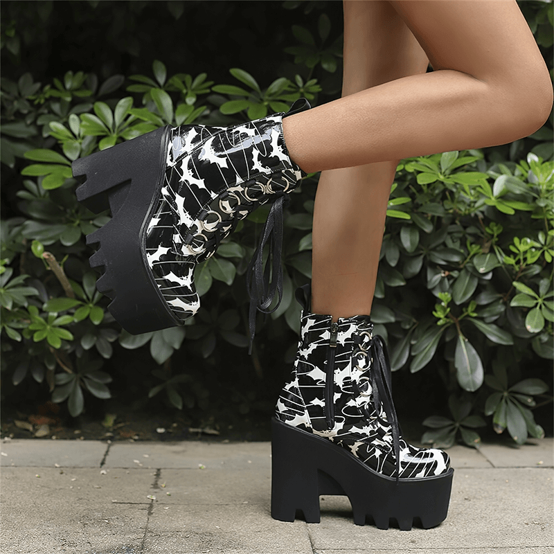 Ladies Goth Platform Ankle Boots with Bats Print / Fashion Thick High Heels Boots for Women