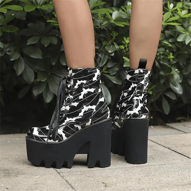 Ladies Goth Platform Ankle Boots with Bats Print / Fashion Thick High Heels Boots for Women