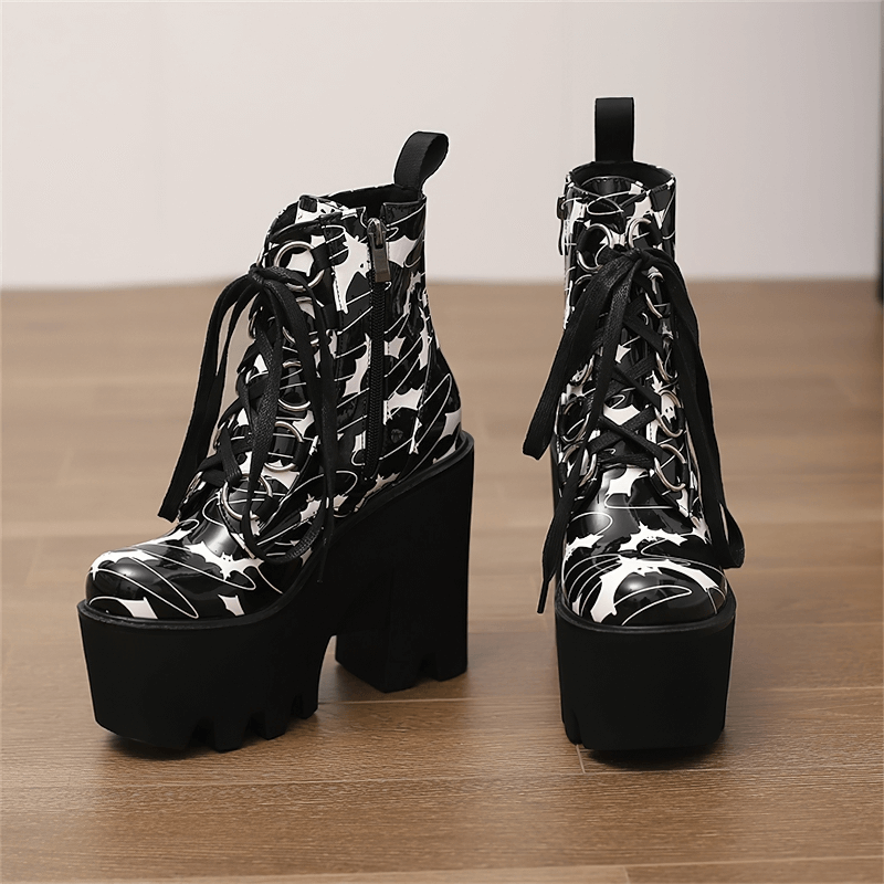 Ladies Goth Platform Ankle Boots with Bats Print / Fashion Thick High Heels Boots for Women