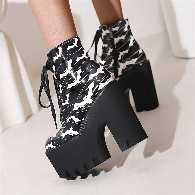 Ladies Goth Platform Ankle Boots with Bats Print / Fashion Thick High Heels Boots for Women