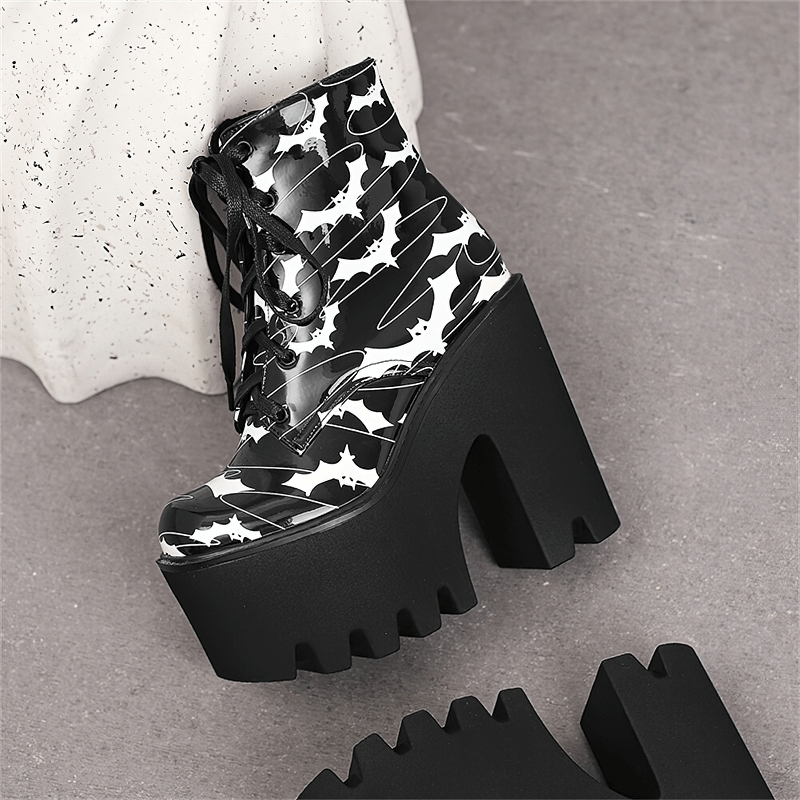 Ladies Goth Platform Ankle Boots with Bats Print / Fashion Thick High Heels Boots for Women