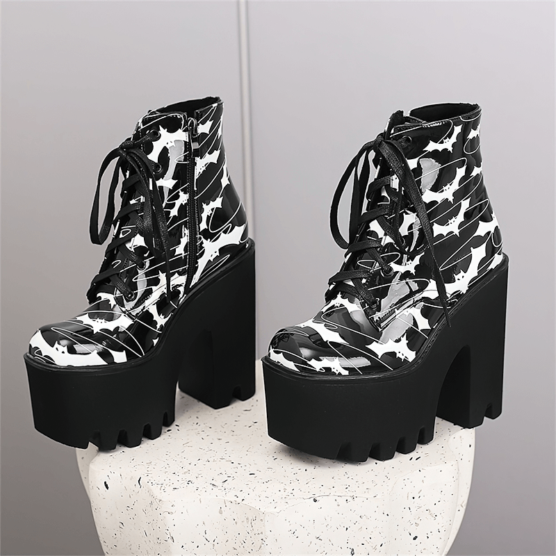 Ladies Goth Platform Ankle Boots with Bats Print / Fashion Thick High Heels Boots for Women