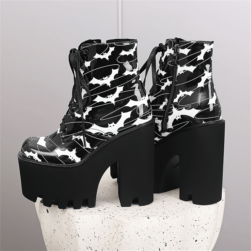 Ladies Goth Platform Ankle Boots with Bats Print / Fashion Thick High Heels Boots for Women