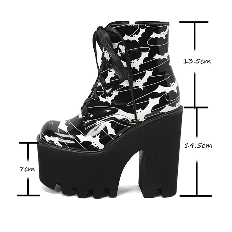 Ladies Goth Platform Ankle Boots with Bats Print / Fashion Thick High Heels Boots for Women