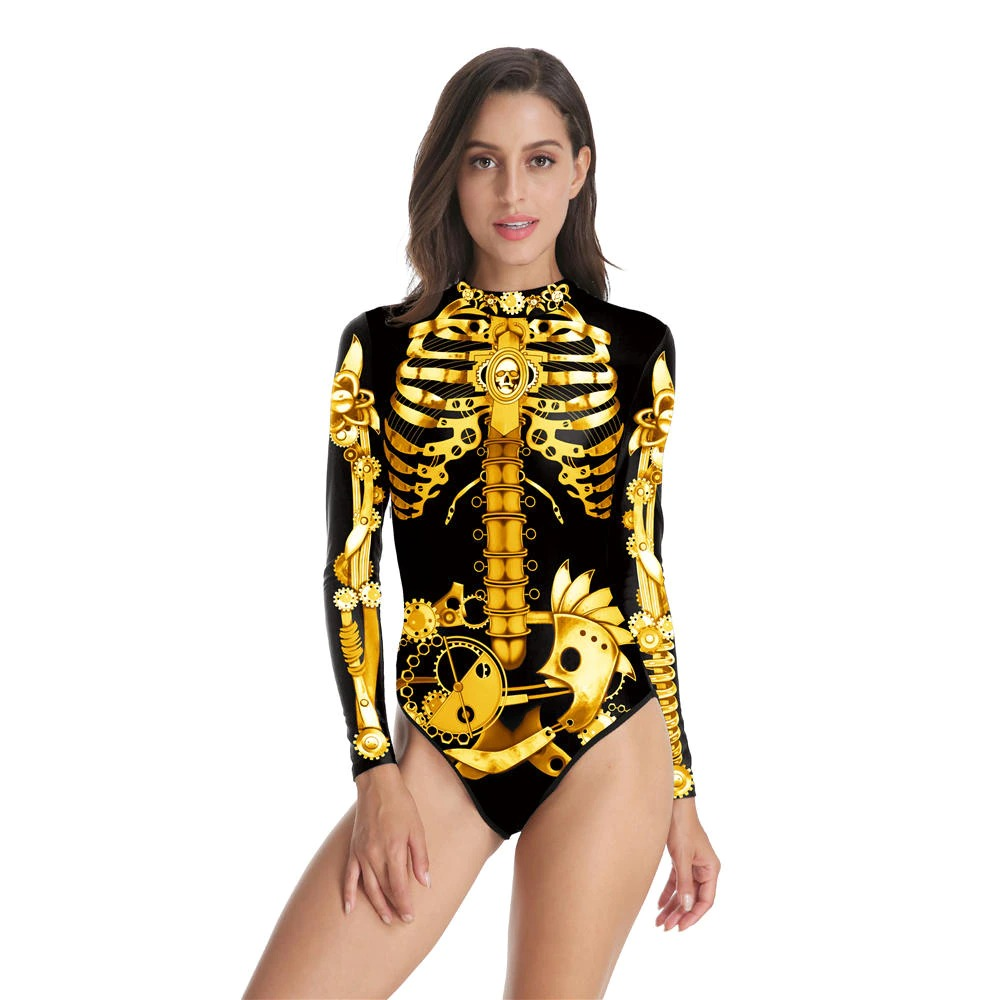 Ladies Long sleeve One-piece Swimsuit with Metal Skeleton / Women's Swimwear Bodysuit on Halloween