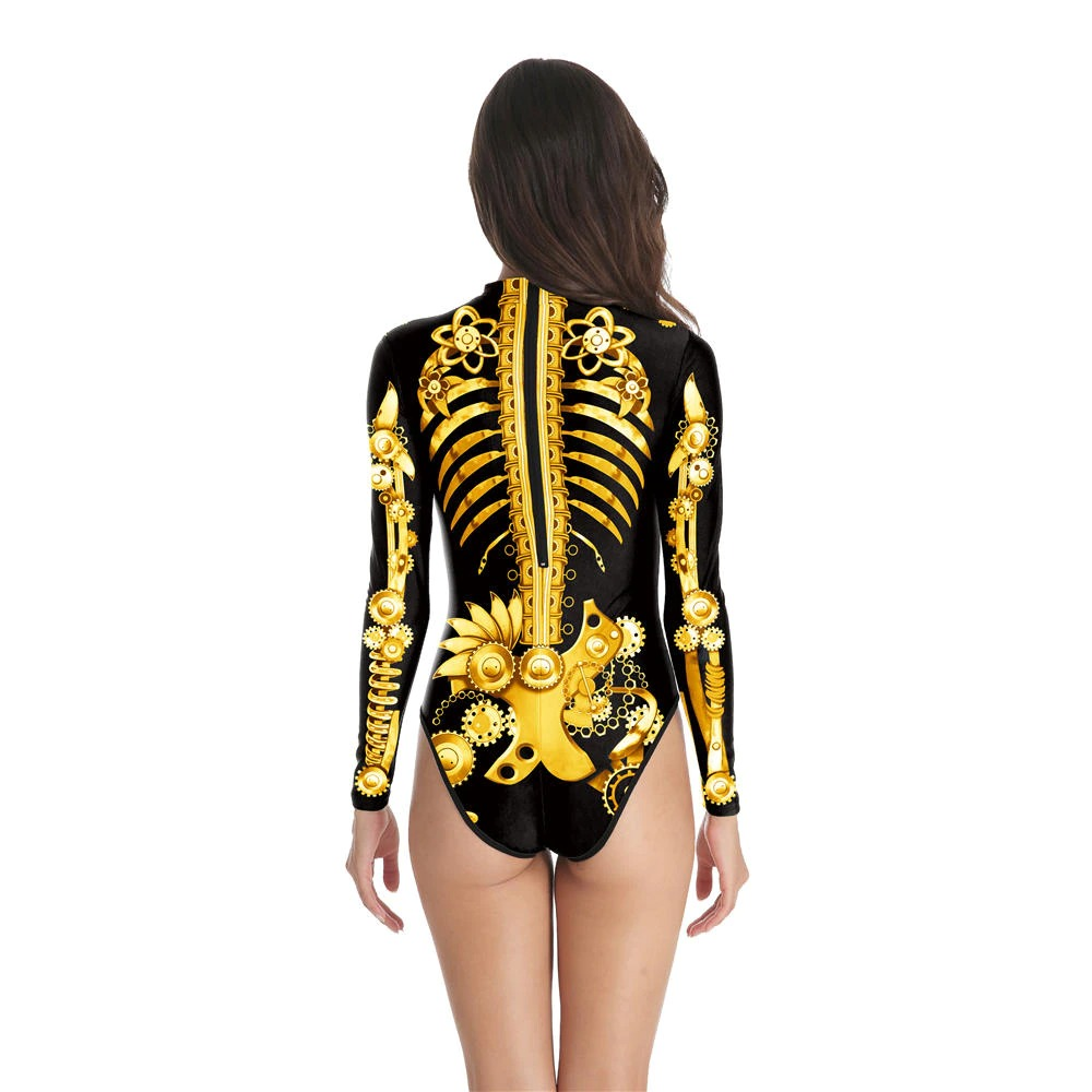 Ladies Long sleeve One-piece Swimsuit with Metal Skeleton / Women's Swimwear Bodysuit on Halloween