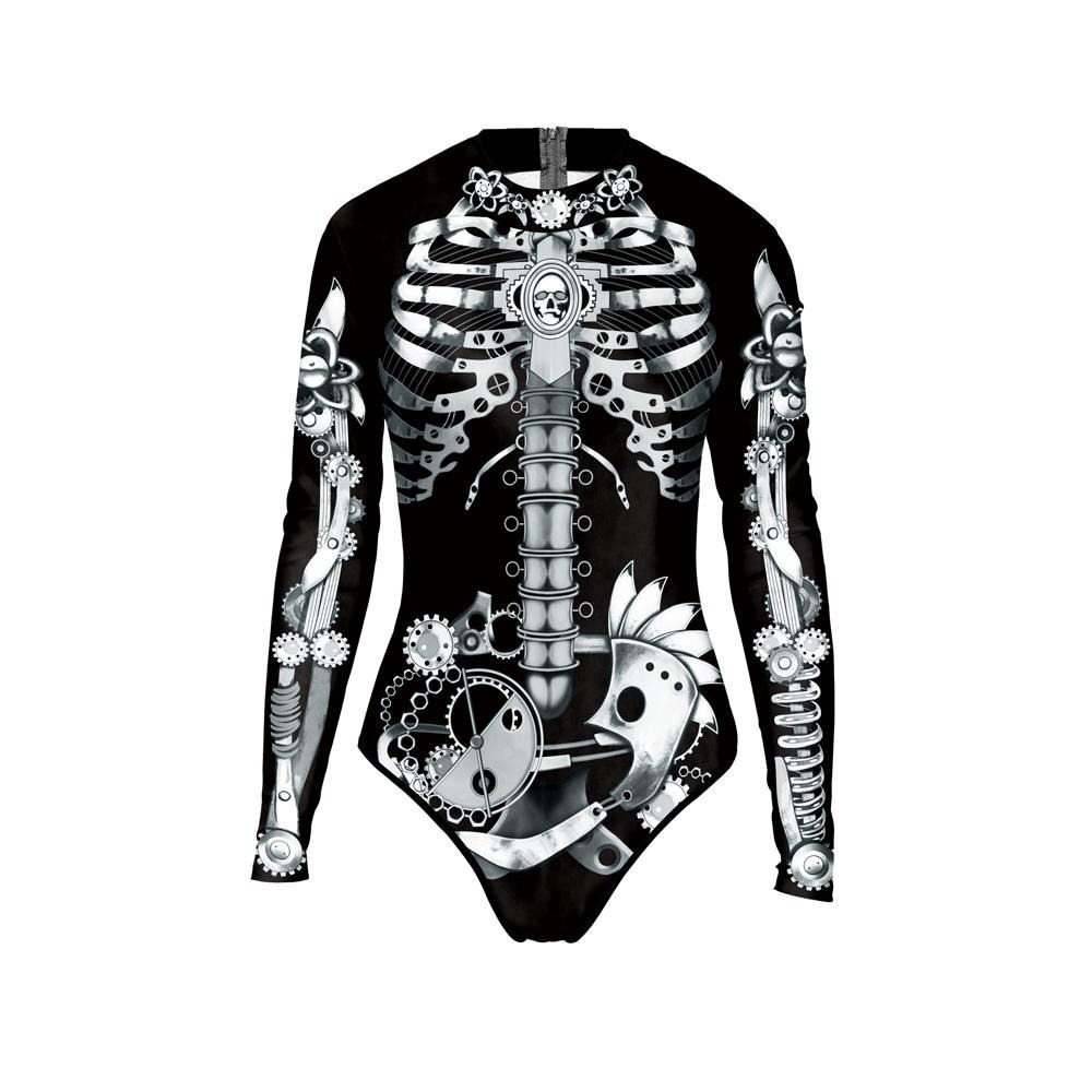 Ladies Long sleeve One-piece Swimsuit with Metal Skeleton / Women's Swimwear Bodysuit on Halloween