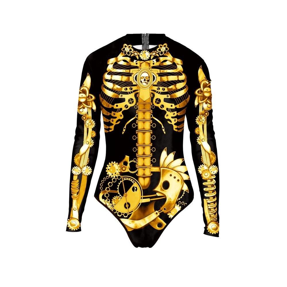 Ladies Long sleeve One-piece Swimsuit with Metal Skeleton / Women's Swimwear Bodysuit on Halloween