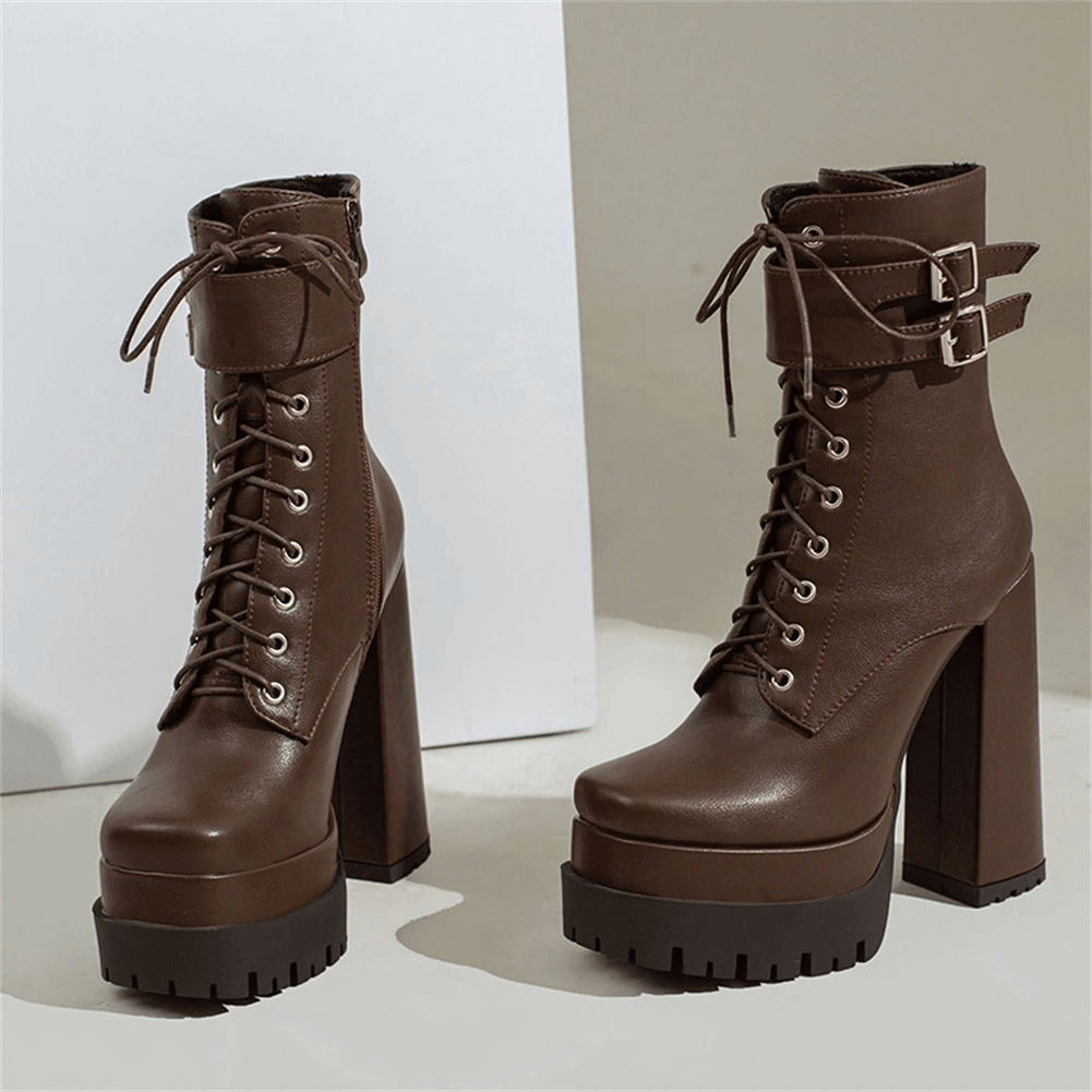Ladies Square High Heels with Buckle / Stylish Lace-up Platform Ankle Boots