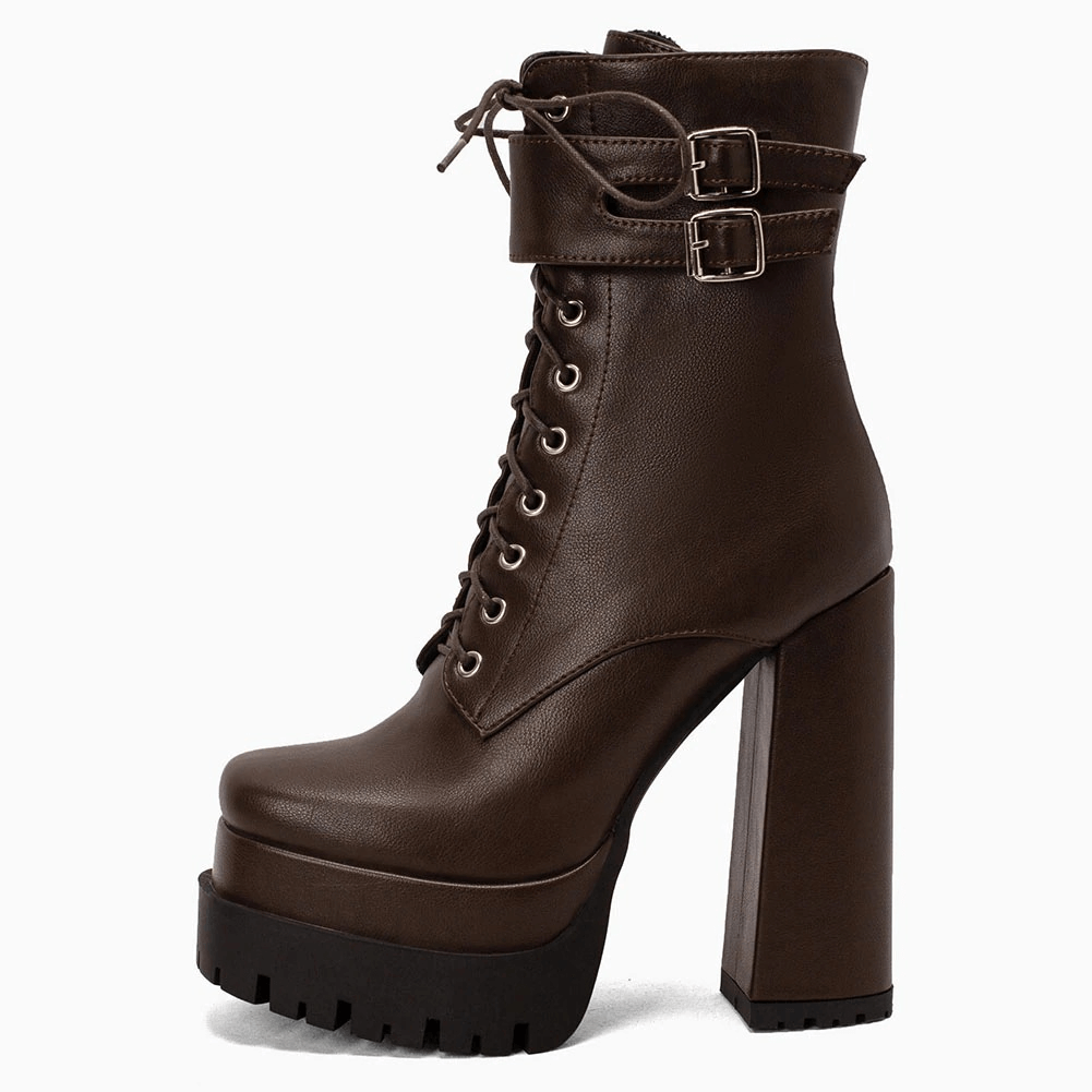 Ladies Square High Heels with Buckle / Stylish Lace-up Platform Ankle Boots