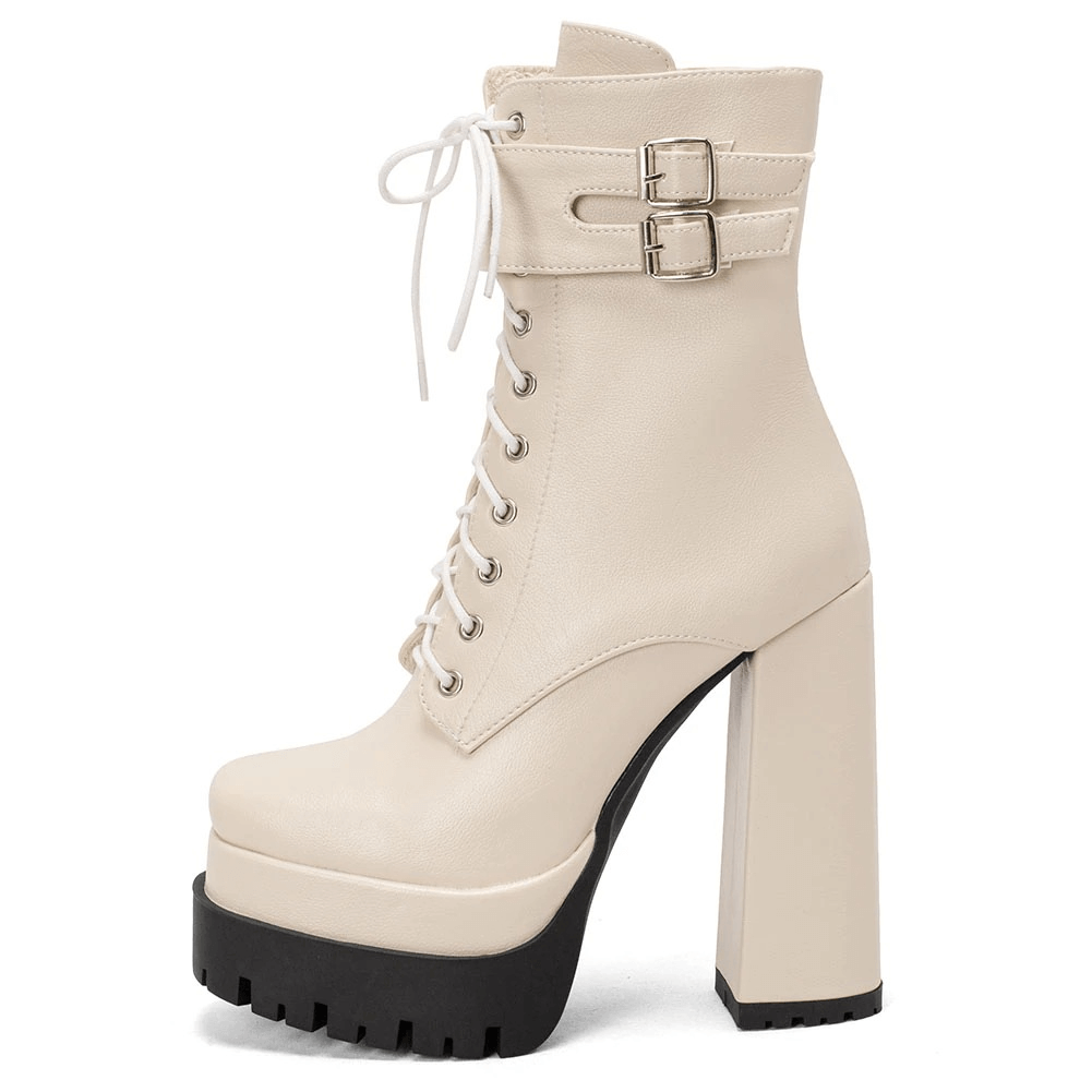 Ladies Square High Heels with Buckle / Stylish Lace-up Platform Ankle Boots