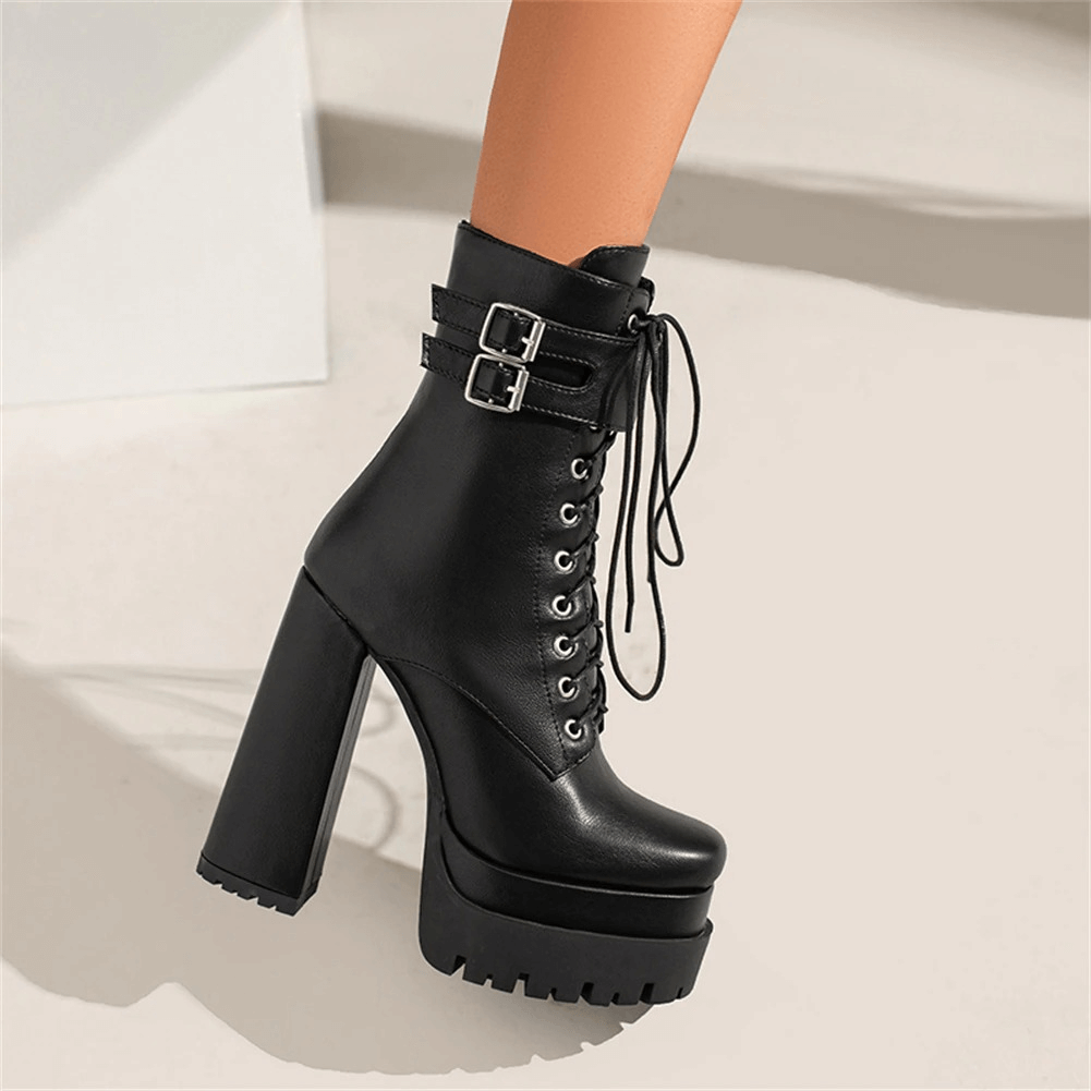 Ladies Square High Heels with Buckle / Stylish Lace-up Platform Ankle Boots