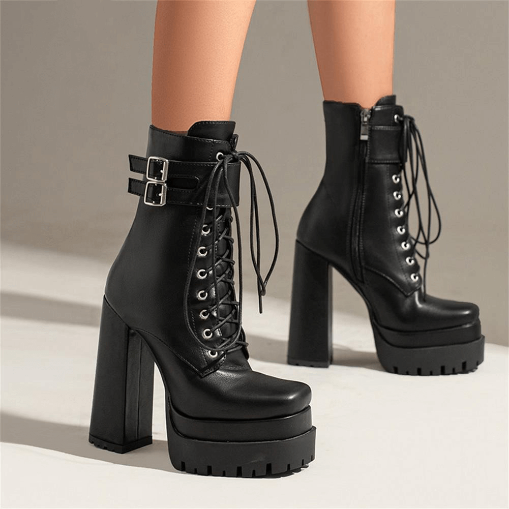 Ladies Square High Heels with Buckle / Stylish Lace-up Platform Ankle Boots