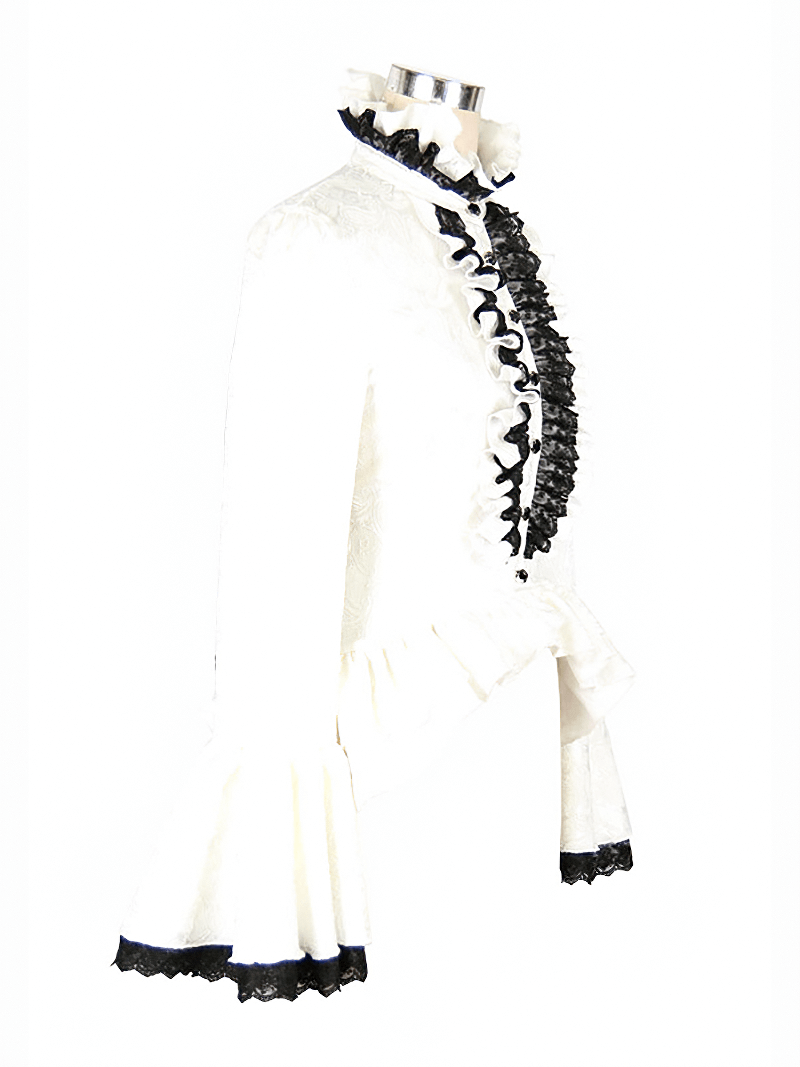 Ladies White High Collar Shirt With Ruffles & Black Lace / Gothic Womens Long Flared Sleeves Blouse